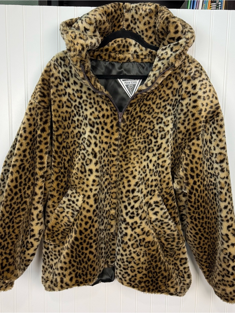 Vintage Marvin Richards Leopard Faux Fur Hooded Jacket L Made USA